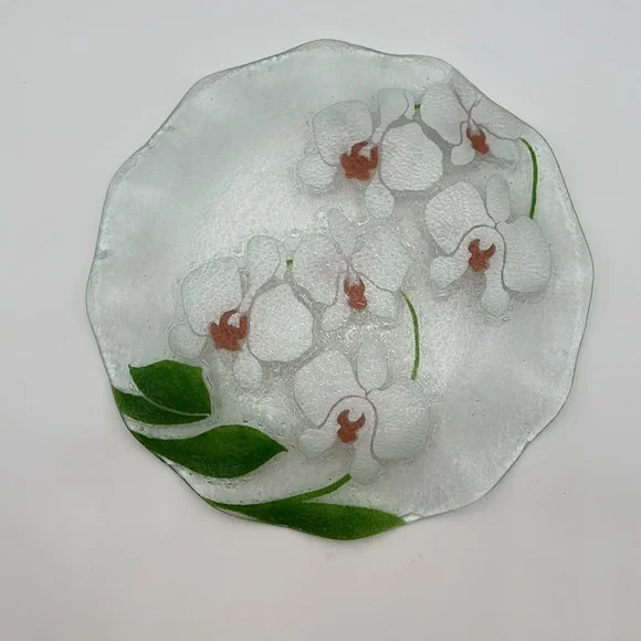 Fused Glass Scalloped Large Plate/Bowl Pink Pansies Green leaves - Picture 5 of 16
